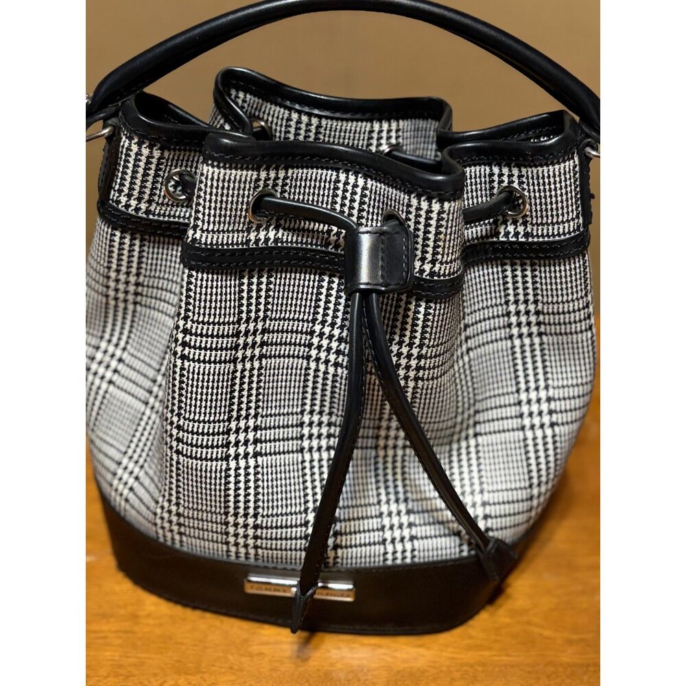 Hilfiger Houndstooth Plaid Bucket Bag Tote Black and White